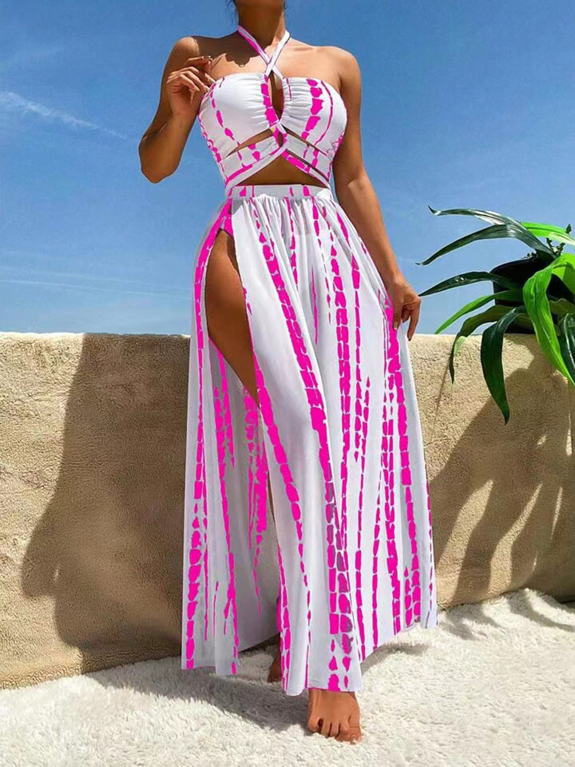 Printed Halter Neck Three-Piece Swim Set